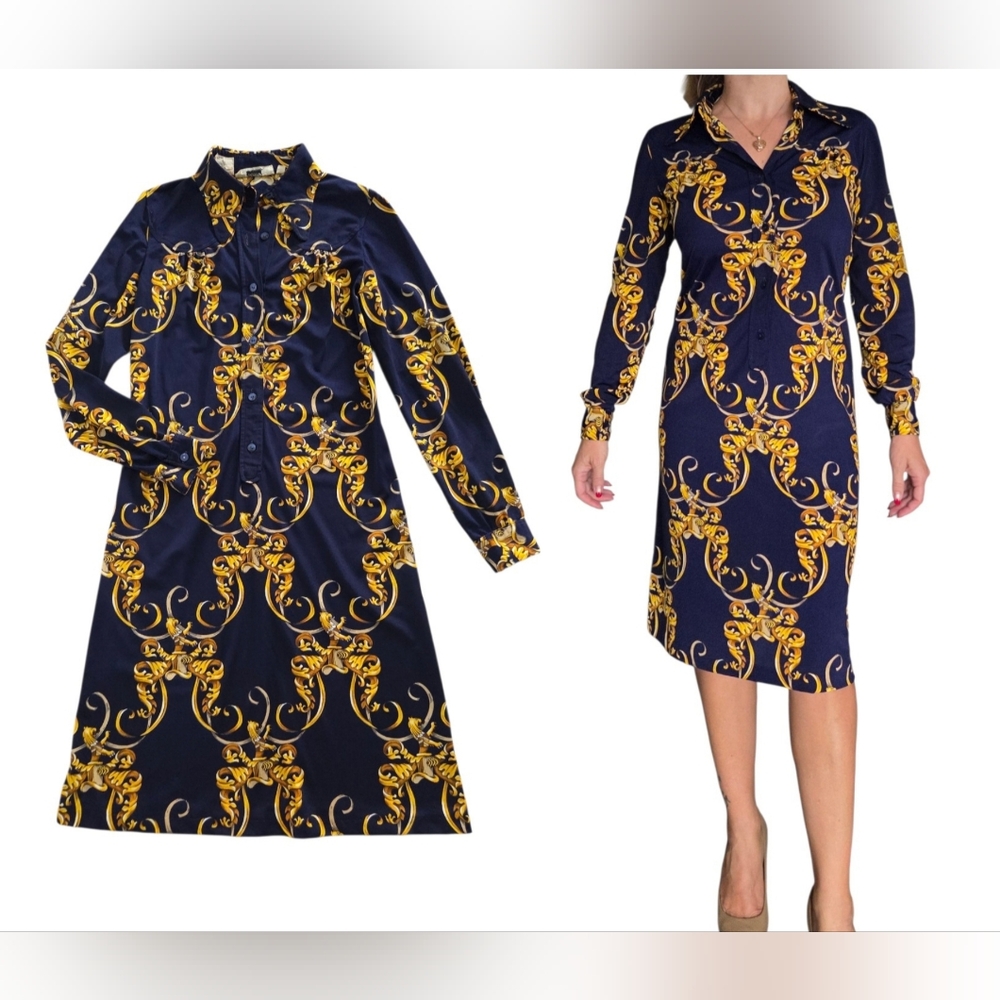Giovannozzi Italy Equestrian Baroque Print Shirt-Dress Sz 8 Gold Navy Luxury VTG